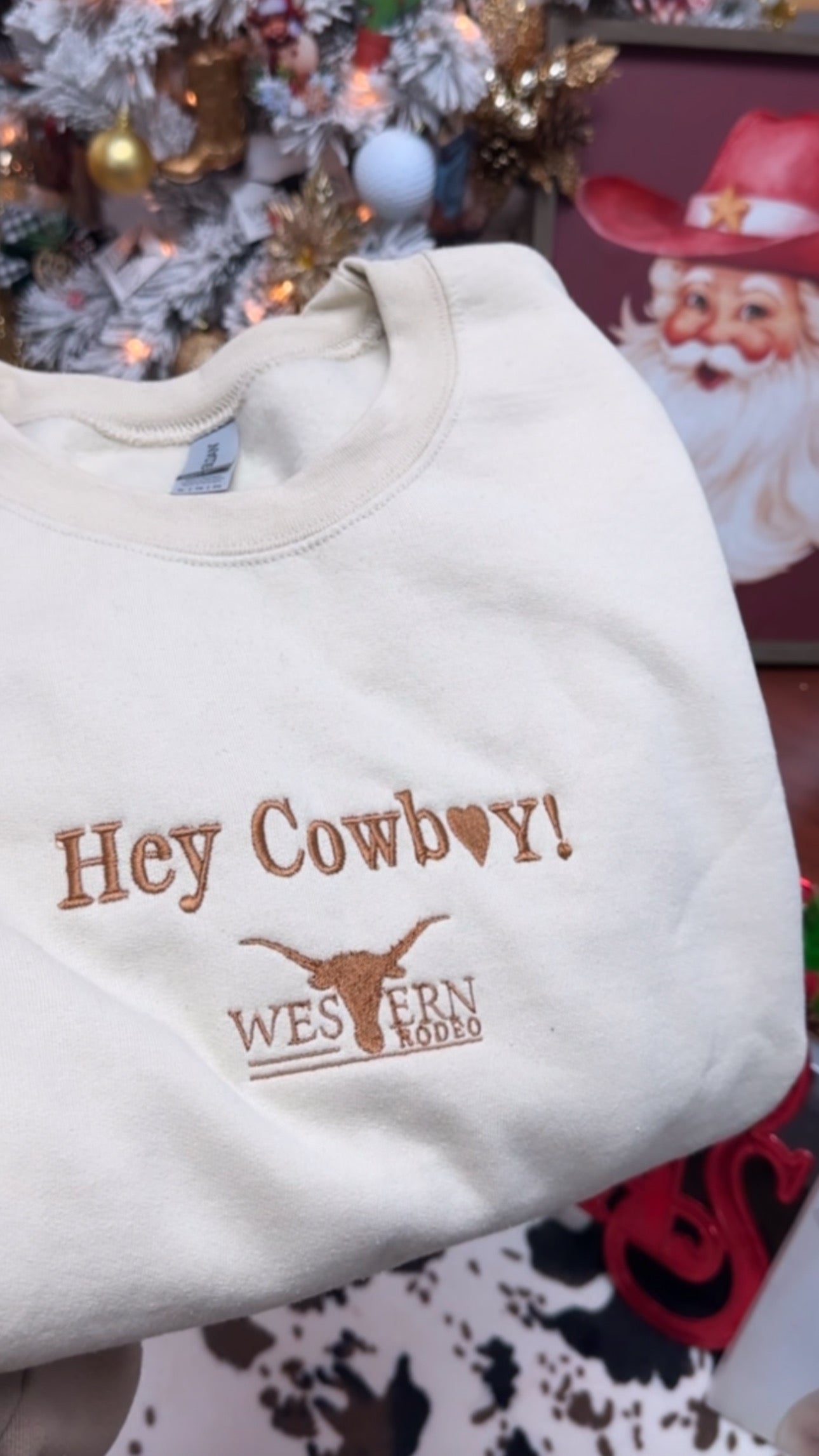 Khaki crewneck hey cowboy