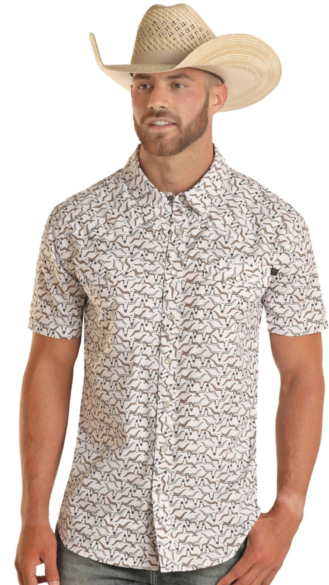 TEK WESTERN LONGHORN PRINT SHORT SLEEVE SNAP SHIRT