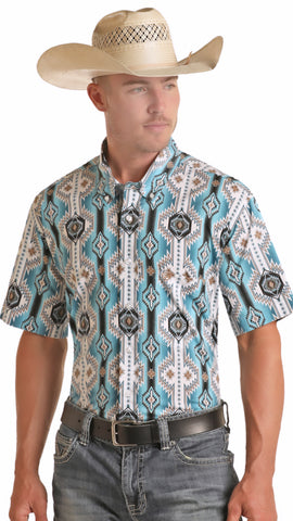 AZTEC PRINT SHORT SLEEVE BUTTON SHIRT