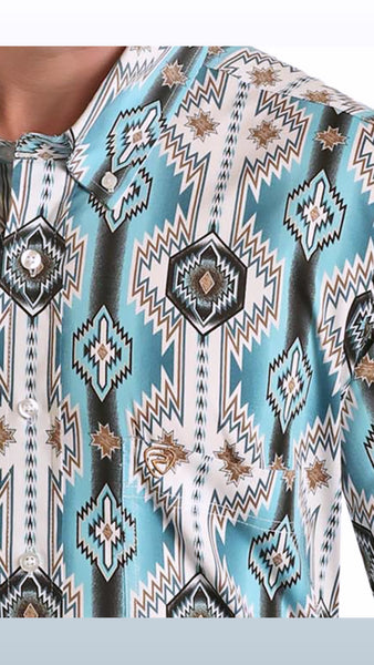 AZTEC PRINT SHORT SLEEVE BUTTON SHIRT