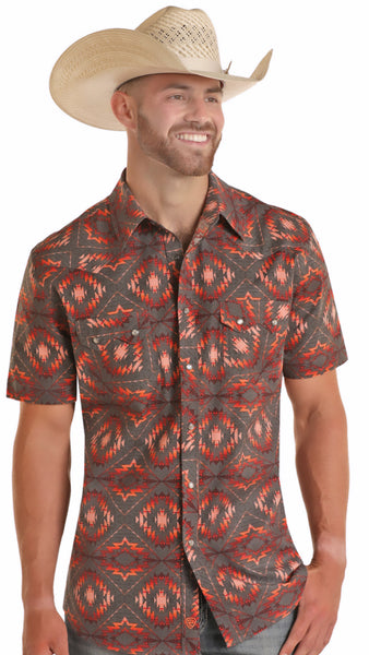 AZTEC PRINT SHORT SLEEVE SNAP SHIRT