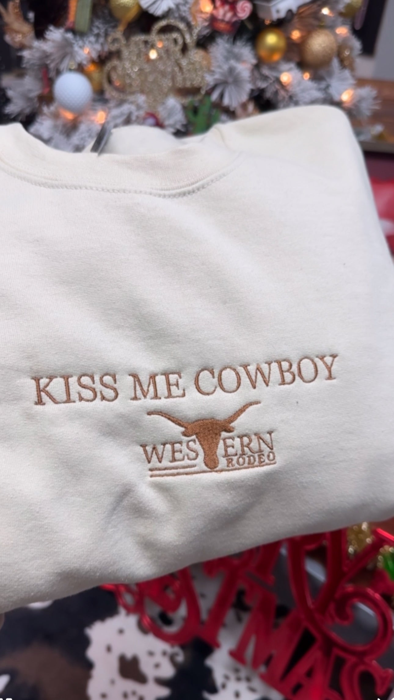 Khaki crewneck kiss me cowboy